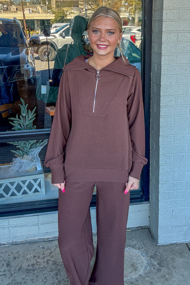 Zenana Ribbed High Neck Half Zip Pullover & Pants Set | Simply