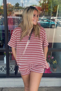 Raised Rib Striped Shorts Set-Rust