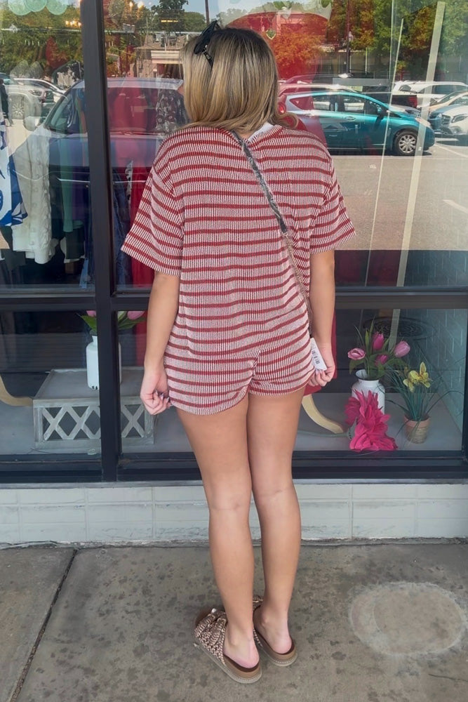 Raised Rib Striped Shorts Set-Rust