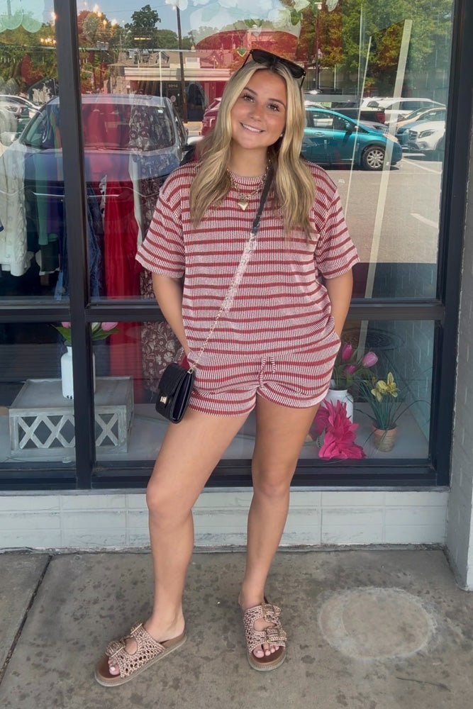 Raised Rib Striped Shorts Set-Rust