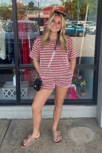Raised Rib Striped Shorts Set-Rust