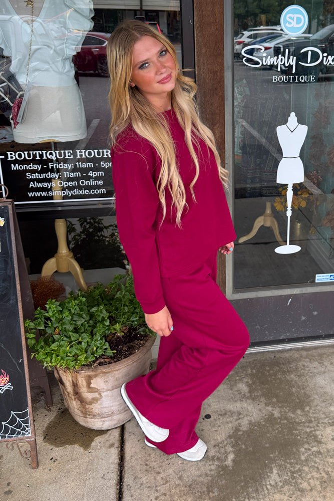 Grey Zenana Scuba Pants Set Cabernet Side