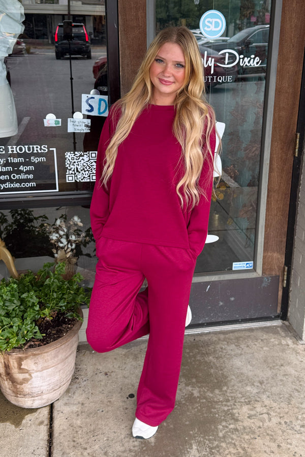 Grey Zenana Scuba Pants Set Cabernet