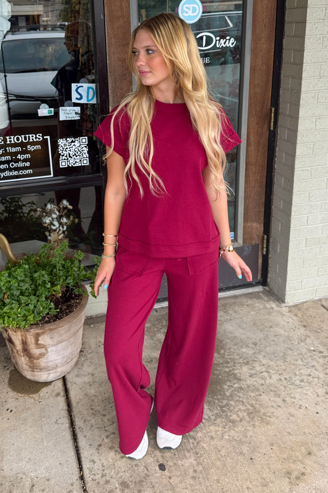 Zenana Ribbed Pants Set Cabernet