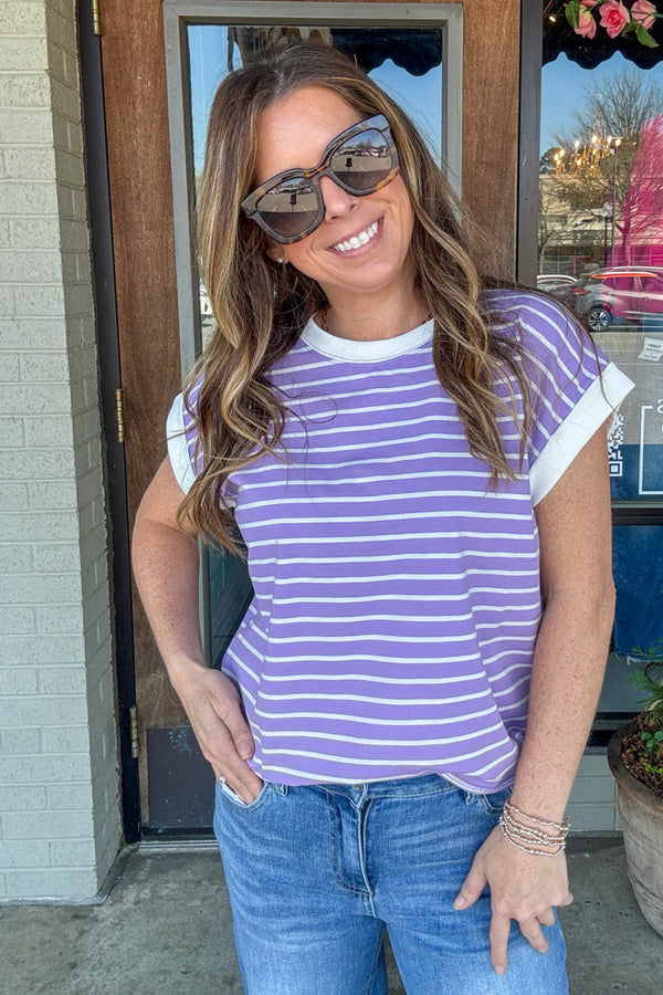 Zenana Striped Contrast Trim Top Lilac