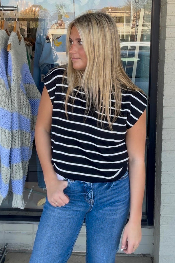 Zenana Black and White Striped Collared Sleeveless Top