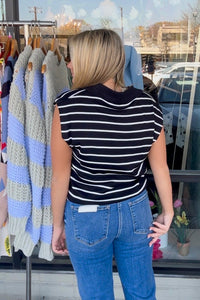 Zenana Black and White Striped Collared Sleeveless Top Back