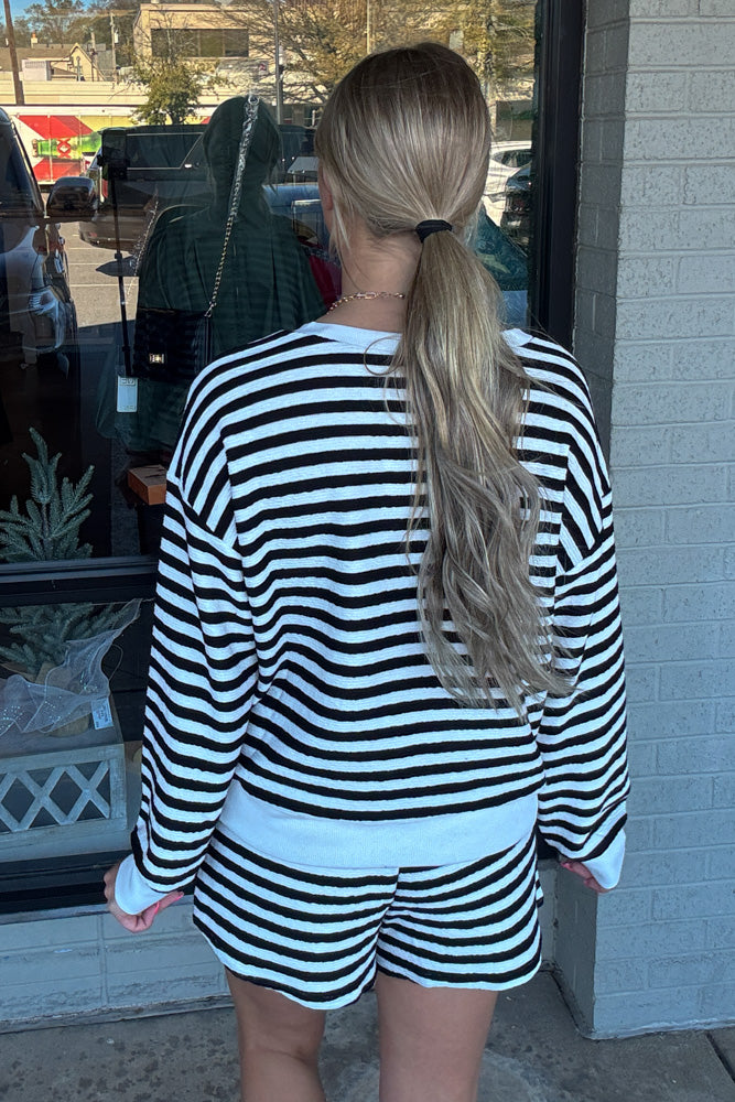 Striped Pullover And Shorts Set-Black/White