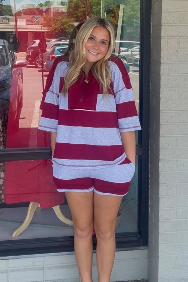 French Terry Striped Half Zip Top and Shorts Set