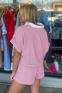 Zenana-Striped Collared Top and Shorts Set