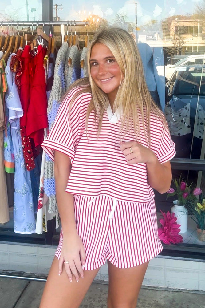 Zenana-Striped Collared Top and Shorts Set
