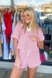 Zenana-Striped Collared Top and Shorts Set