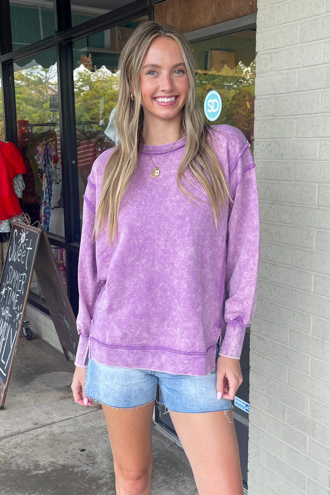 Zenana- Acid Wash French Terry Exposed Seam Sweater | Simply Dixie