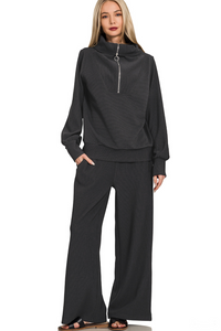 Ribbed High Neck Half Zip Pullover And Pants Set