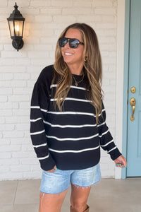 Zenana Black and White Striped Pullover Sweater