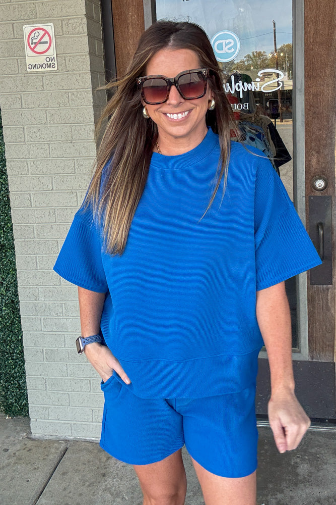 Zenana Ribbed Shorts Set blue