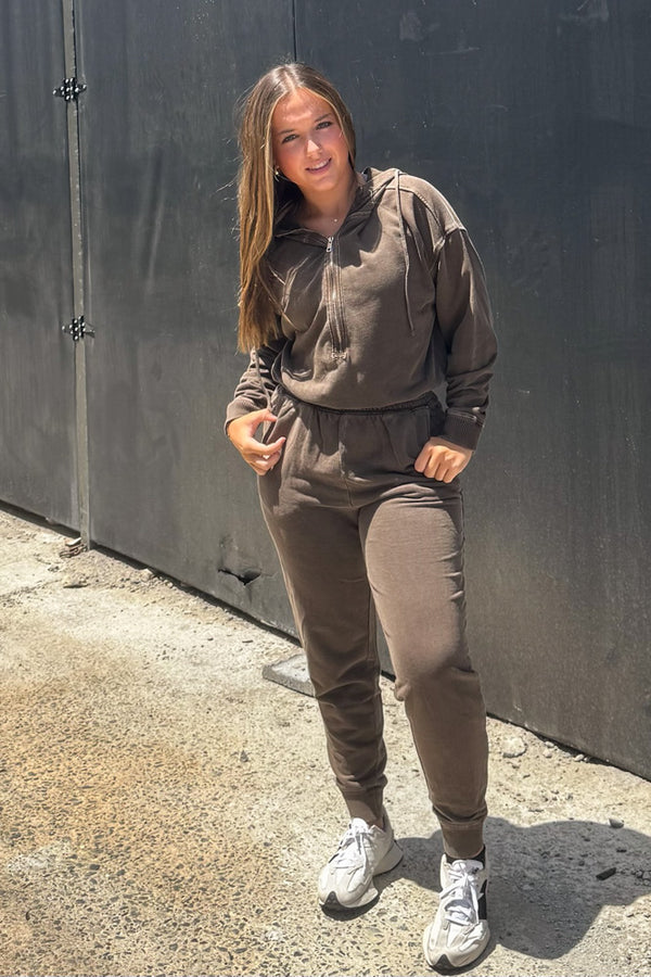 Zenana French Terry Jumpsuit Brown