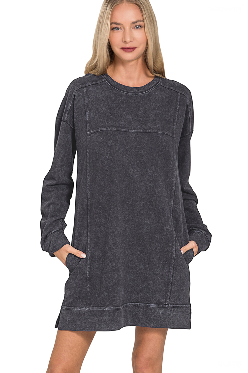 French Terry Acid Wash Dress With Pockets