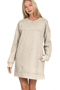 French Terry Acid Wash Dress With Pockets