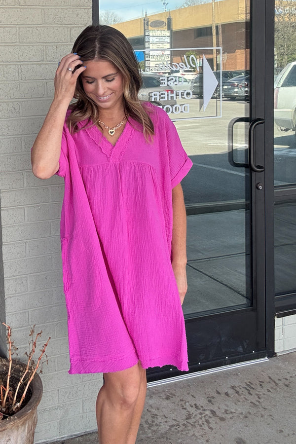 Zenana-Raw Edge Gauze V-Neck Dress - Simply Dixie Boutique