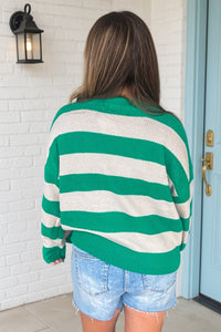 Zenana Long Sleeve Knit Striped Sweater Green Back