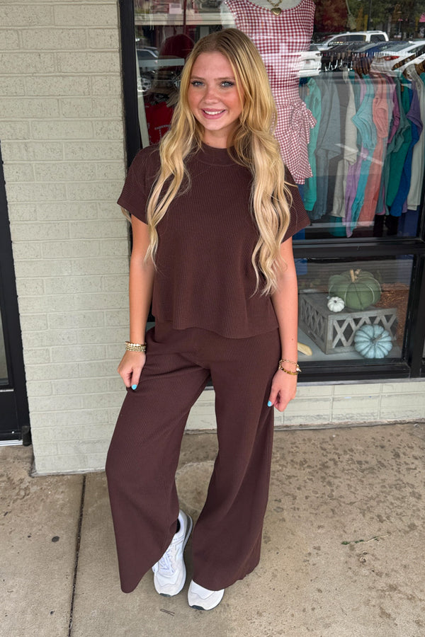 Zenana Ribbed Pants Set Brown
