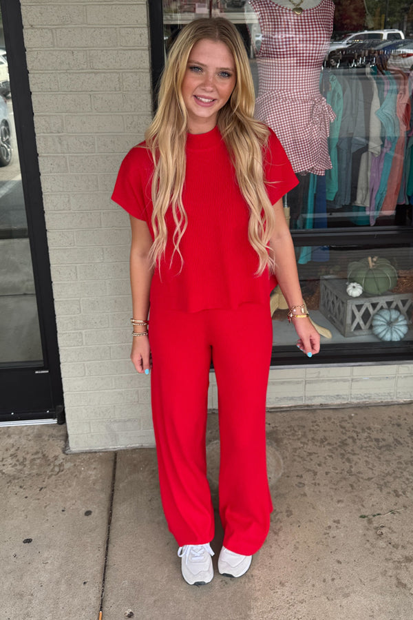 Zenana Ribbed Pants Set Red