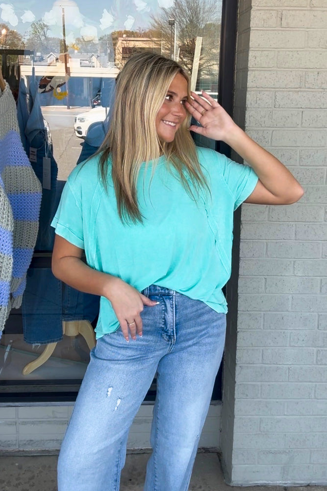 Zenana-Washed Ribbed Cuffed Short Sleeve Top