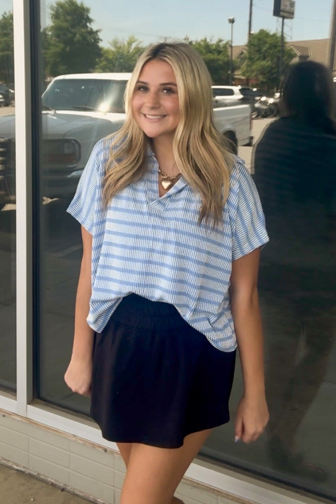 Raised Rib Striped Collared Top