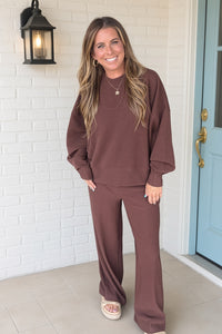 Zenana Ribbed Long Sleeve Pants Set Brown