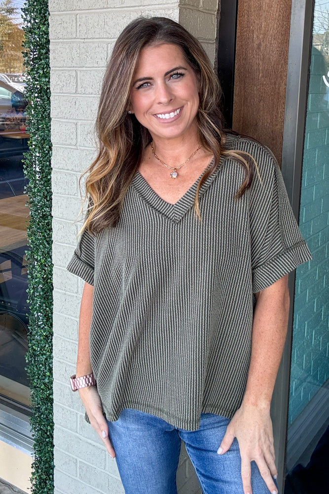 Zenana-Corded Ribbed Short Sleeve V-Neck Top Simply Dixie