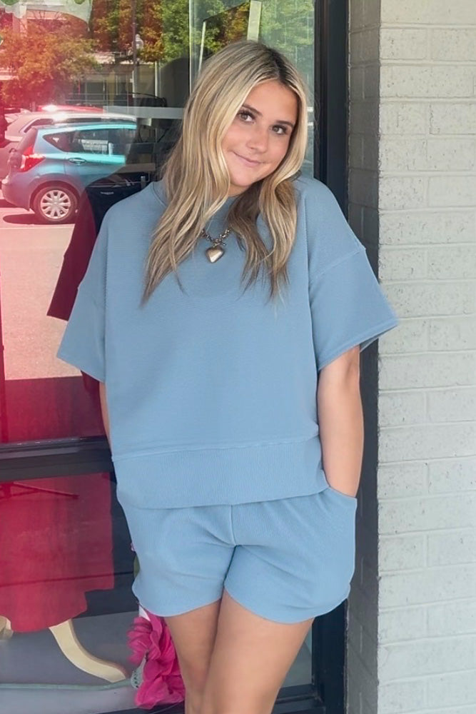 Zenana Ribbed Round Neck Waist Banded Tee And Shorts Set