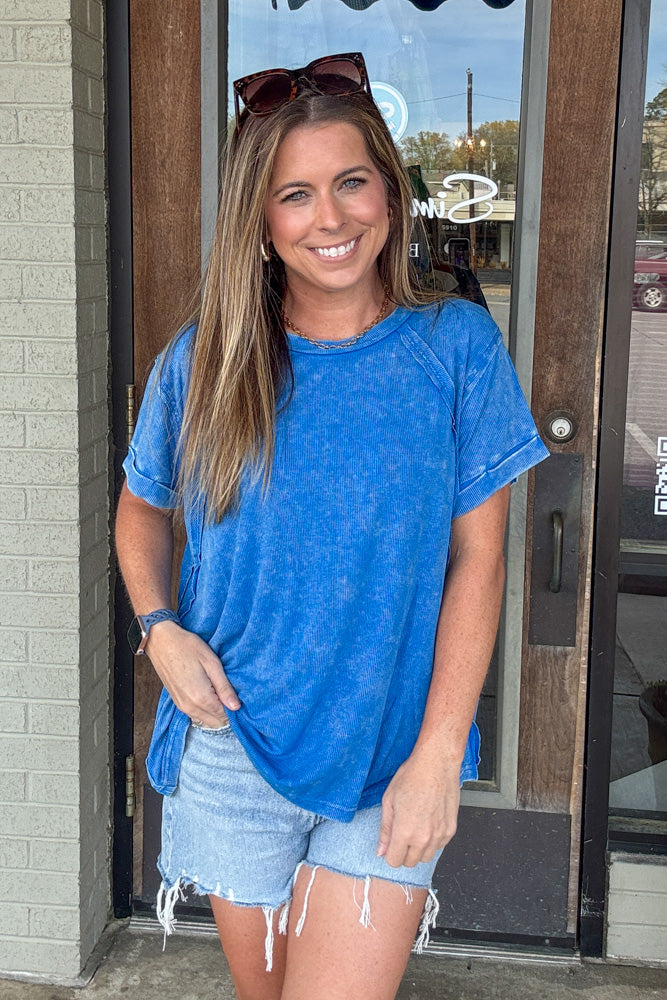 Zenana-Washed Ribbed Cuffed Short Sleeve Top