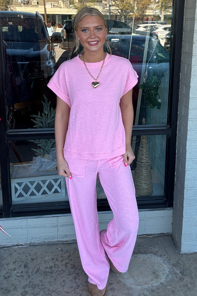 Zenana-Slub Short Sleeve Tee and Pants Set