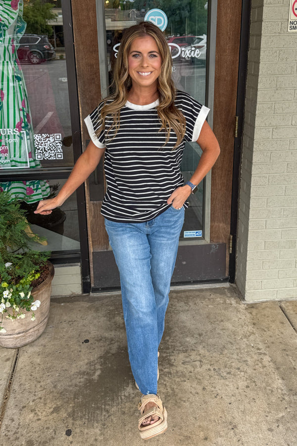 Zenana-Contrast Trim Capped Sleeve Striped Top