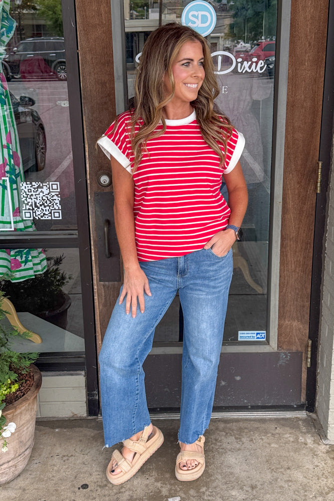 Zenana-Contrast Trim Capped Sleeve Striped Top