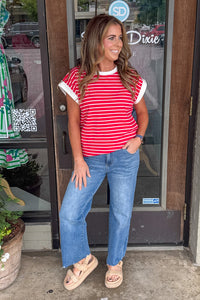 Zenana-Contrast Trim Capped Sleeve Striped Top