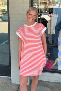 Zenana Striped T-Shirt Dress Coral