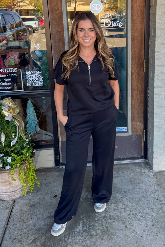 Zenana Scuba Half Zip Short Sleeve Top & Matching Elastic Pants