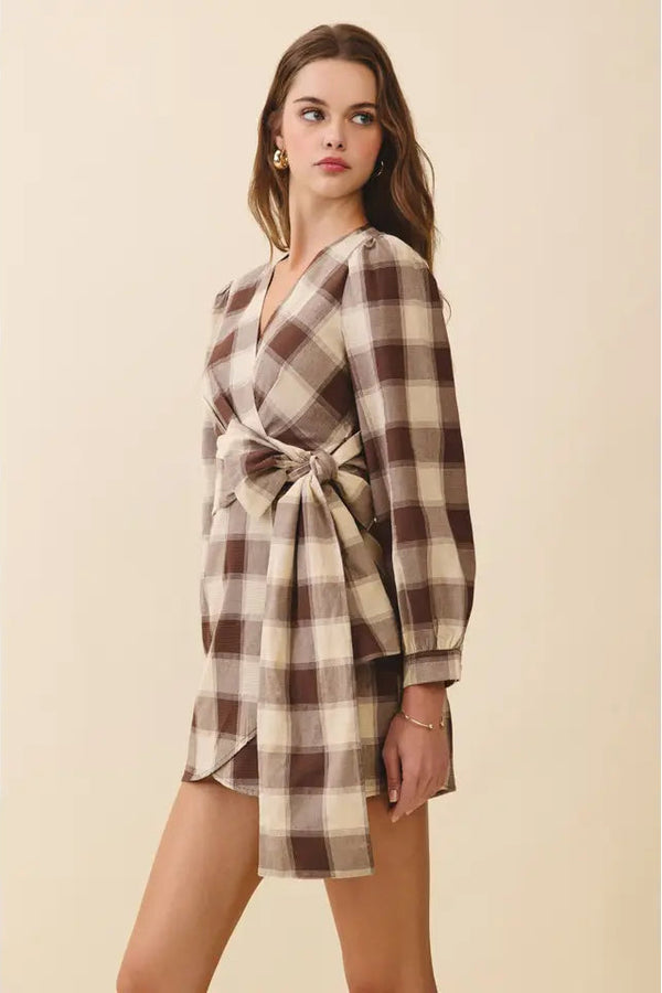 Plaid V-Neck Tie Waist Wrap Mini Dress-Brown