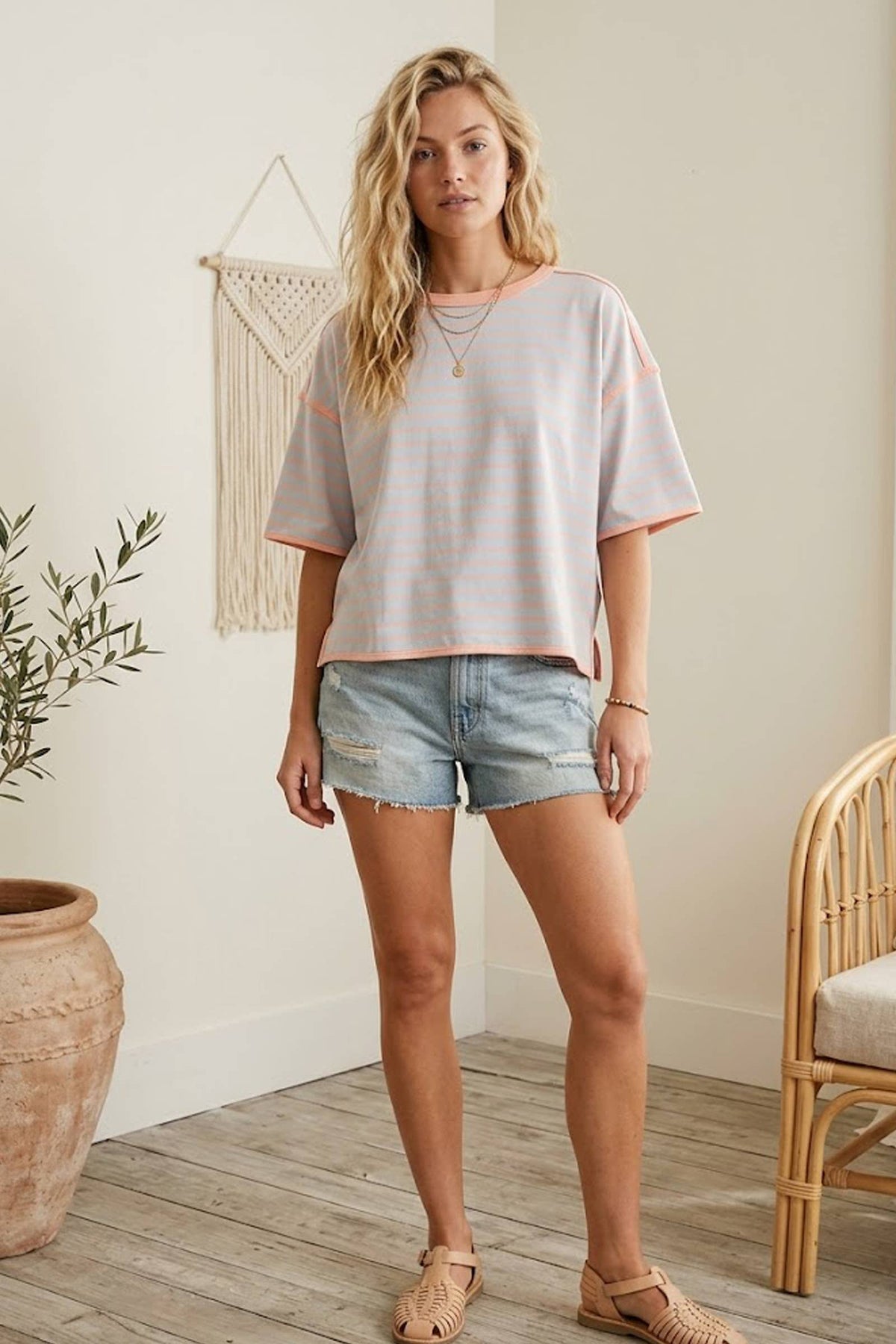 Striped Relaxed Fit Knit Tee-Mint/Blue