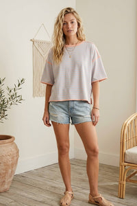 Striped Relaxed Fit Knit Tee-Mint/Blue