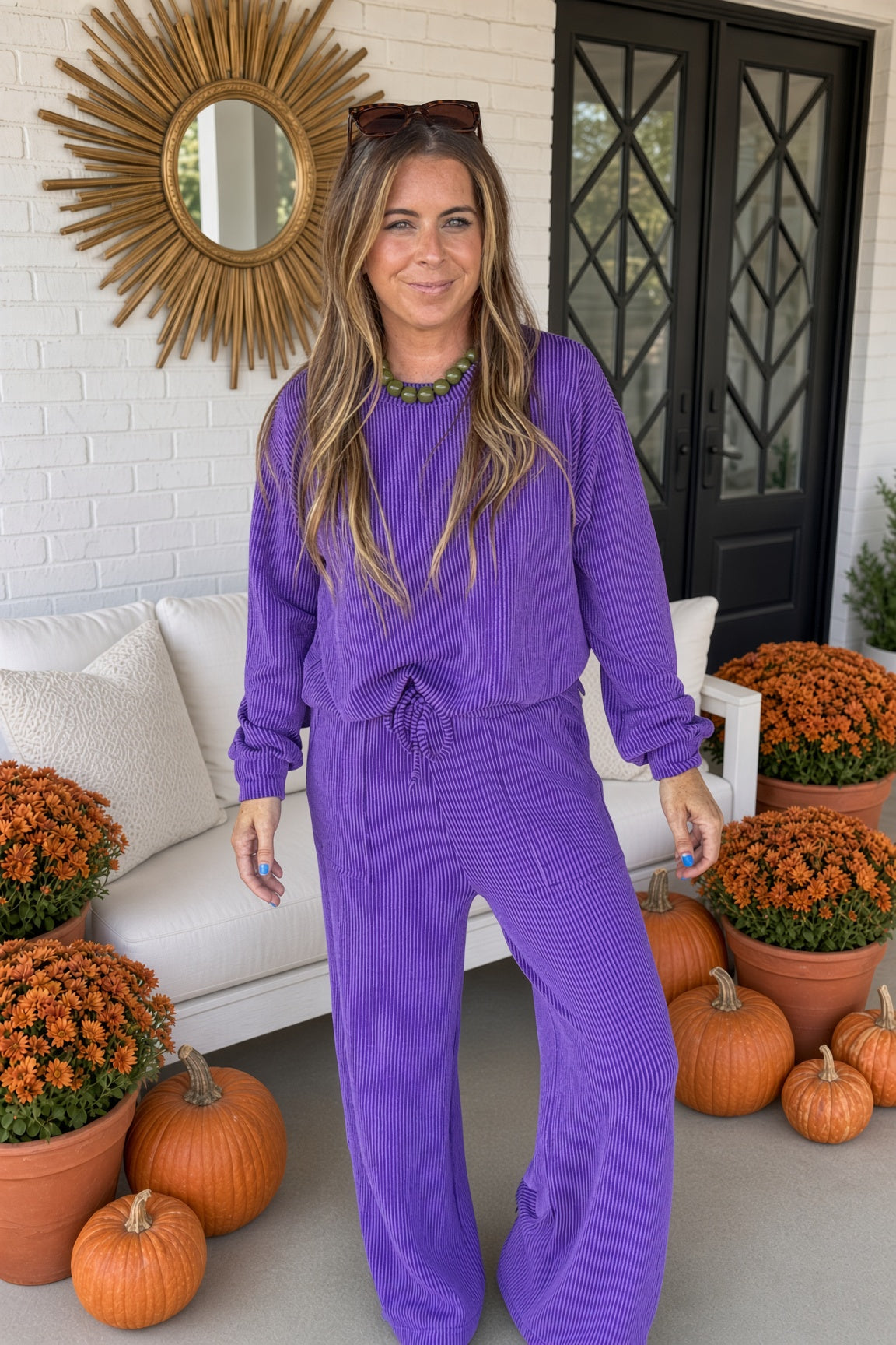 Zenana-Raised Rib Round Neck Pullover and Pants Set
