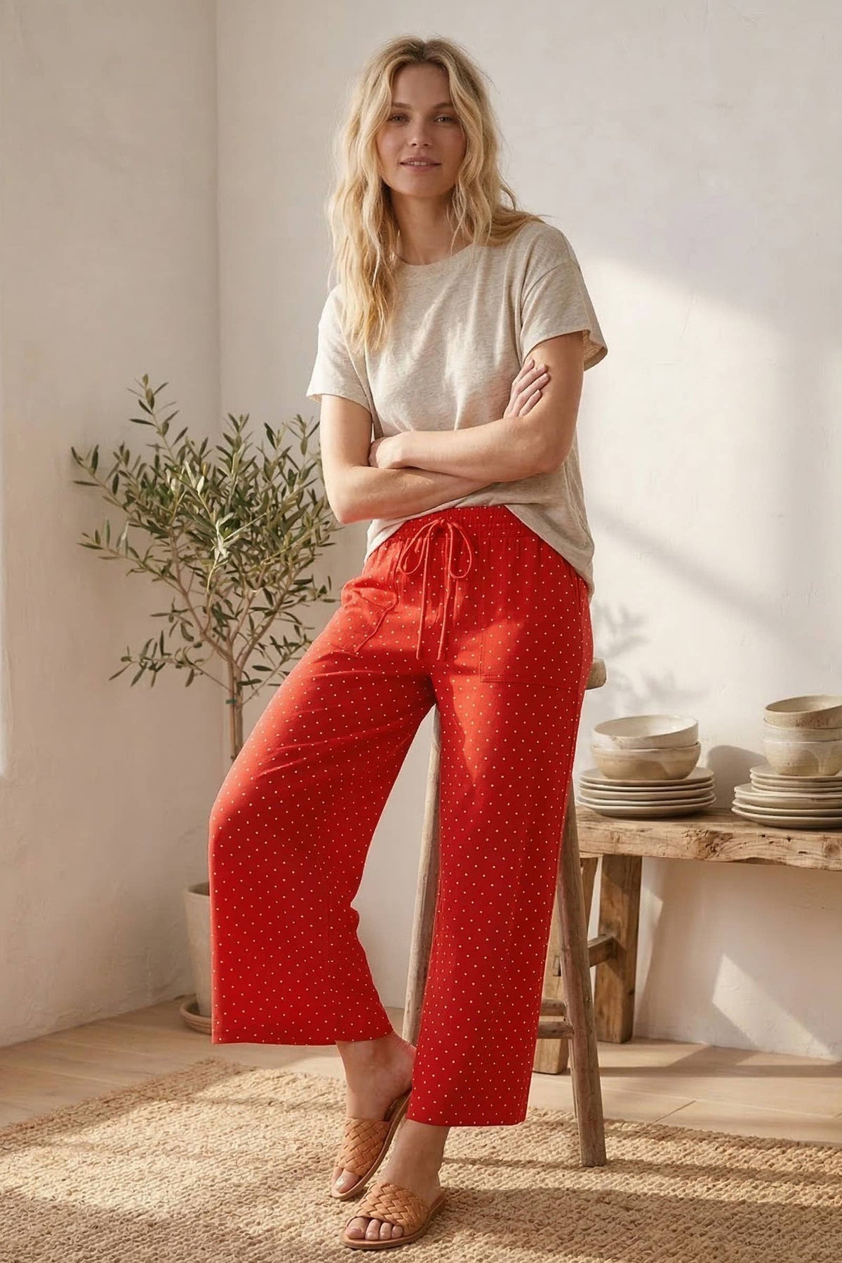 Relaxed Polka Dot Wide Leg Pants-Red/White