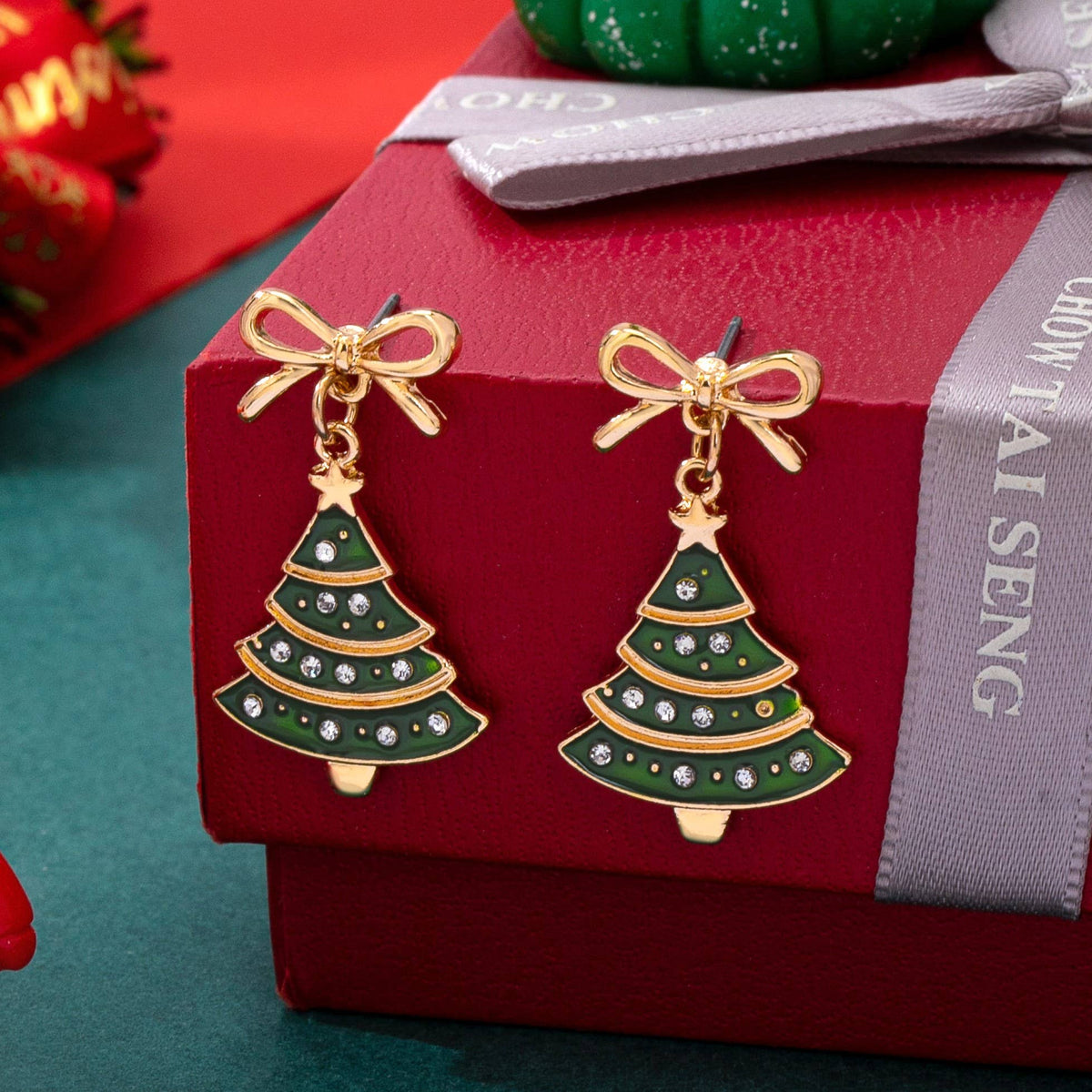 Christmas Tree & Bow Dangle Earrings-Gold