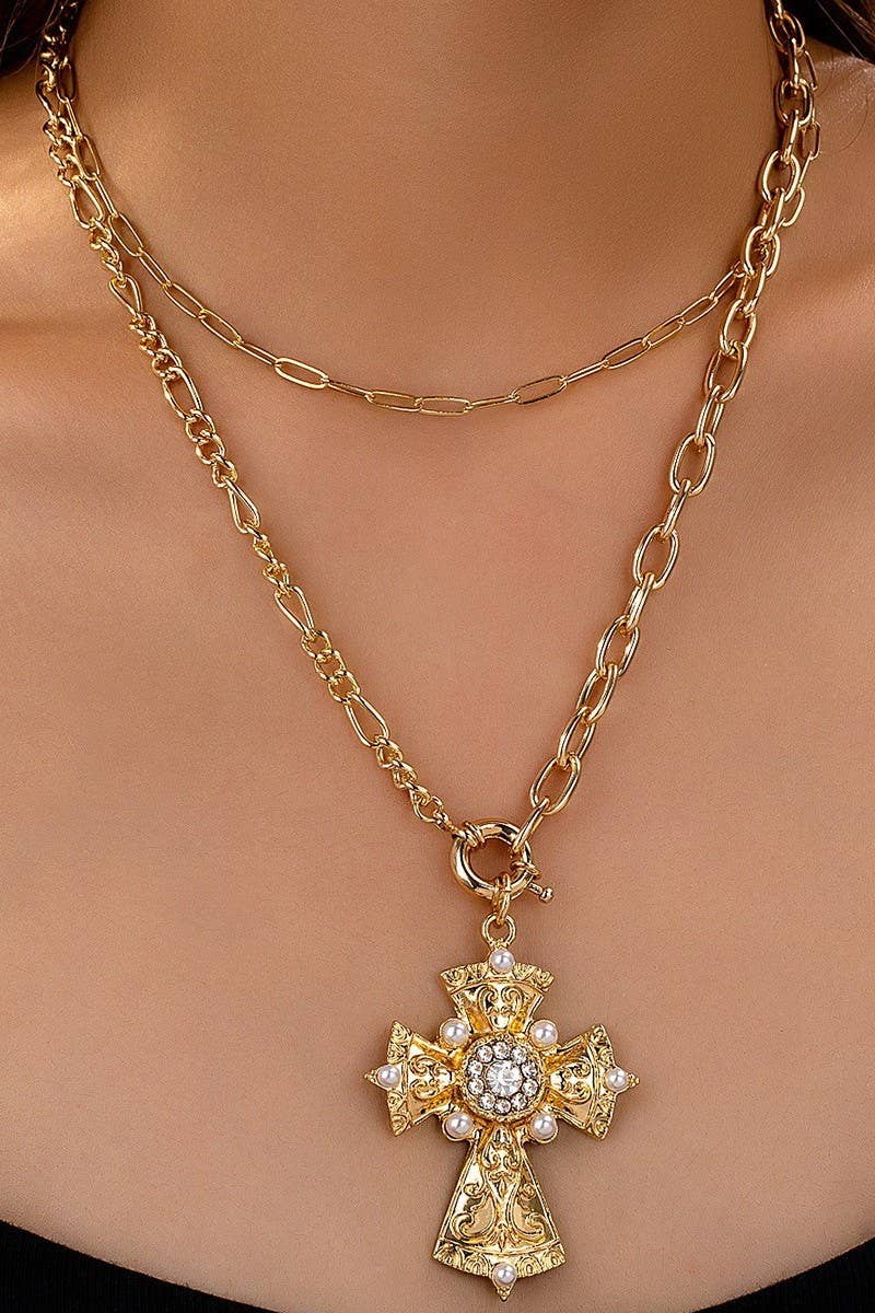 Multi Layered Cross Statement Necklace - Gold