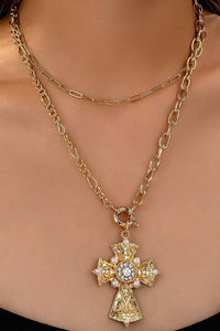 Multi Layered Cross Statement Necklace - Gold