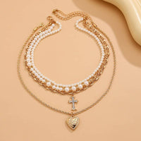 Cross Heart Charm Multilayer Pearl Necklace - Gold