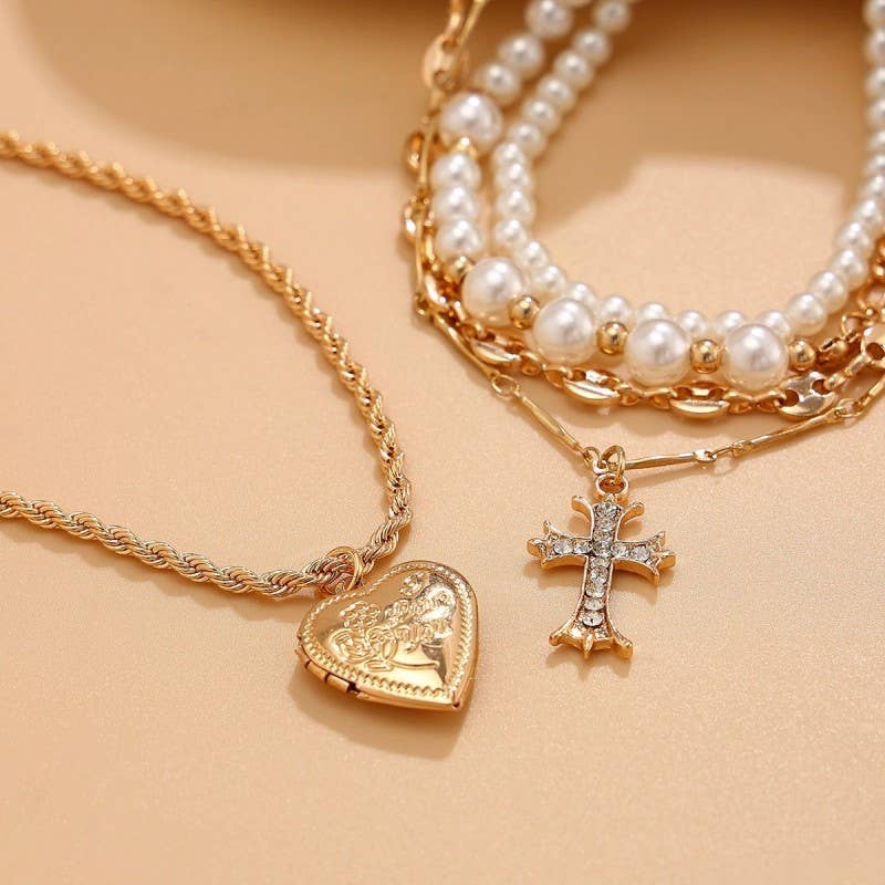 Cross Heart Charm Multilayer Pearl Necklace - Gold