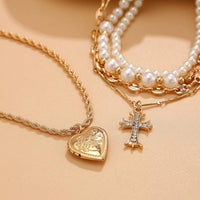 Cross Heart Charm Multilayer Pearl Necklace - Gold
